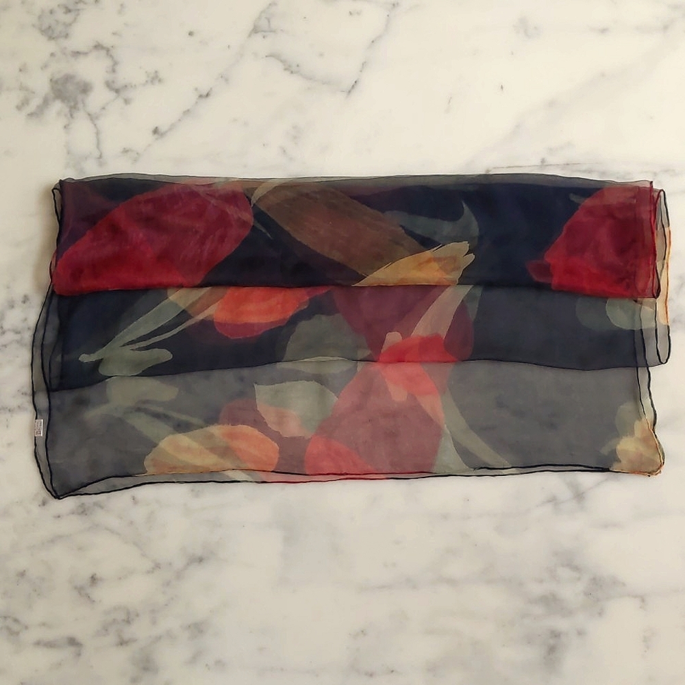 100% Mulbury Silk Scarf with multicolor Floral Patterns.